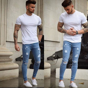 2019 Newest Arrivals Fashion Hot Men's Long Straight Leg Slim Fit Casual Hole Strech Denim Pants Skinny Jeans Clubwear