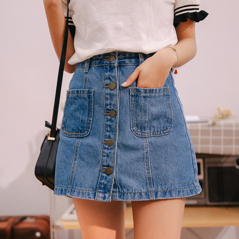 Denim Skirt High Waist A-line Mini Skirts Women 2019 Summer New Arrivals Single Button Pockets Blue Jean Skirt Style Saia Jeans
