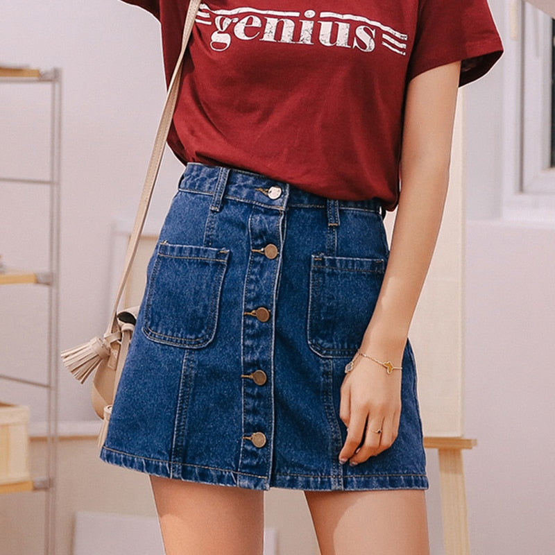 Denim Skirt High Waist A-line Mini Skirts Women 2019 Summer New Arrivals Single Button Pockets Blue Jean Skirt Style Saia Jeans