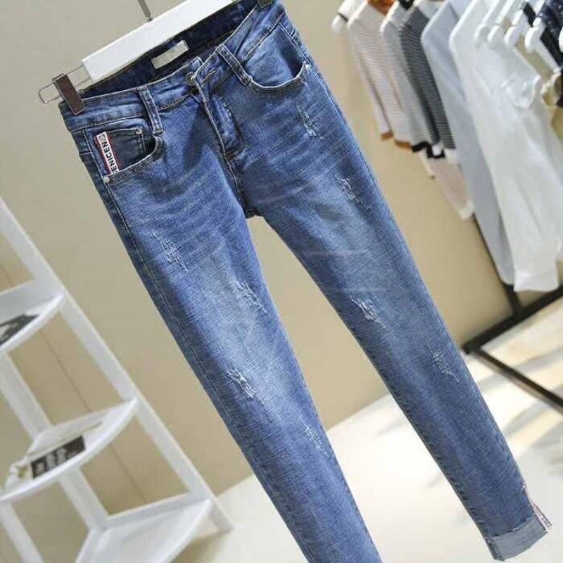 High Waist Women Jeans Striped Patchwork Skinny Jeans Casual Pants Slim Casual Blue Denim Winter Jeans Boyfriend Trousers