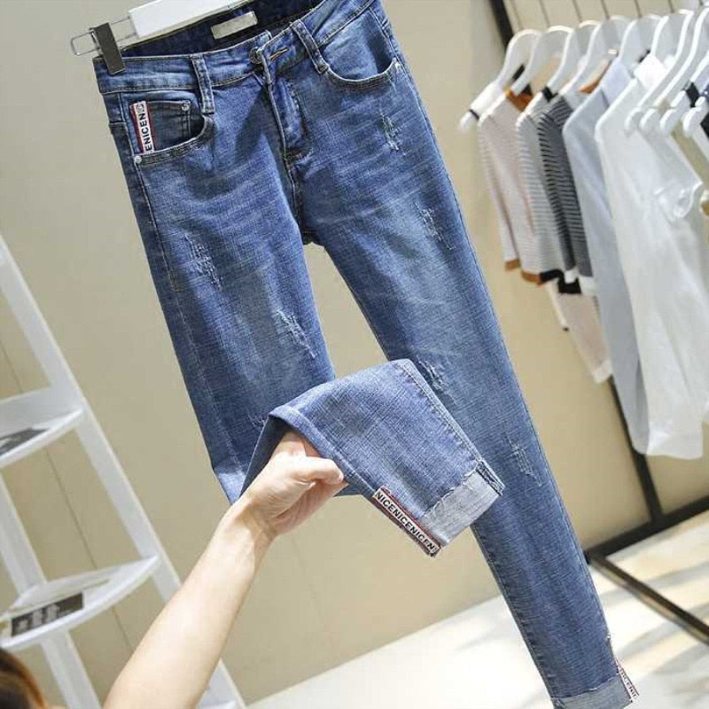 High Waist Women Jeans Striped Patchwork Skinny Jeans Casual Pants Slim Casual Blue Denim Winter Jeans Boyfriend Trousers