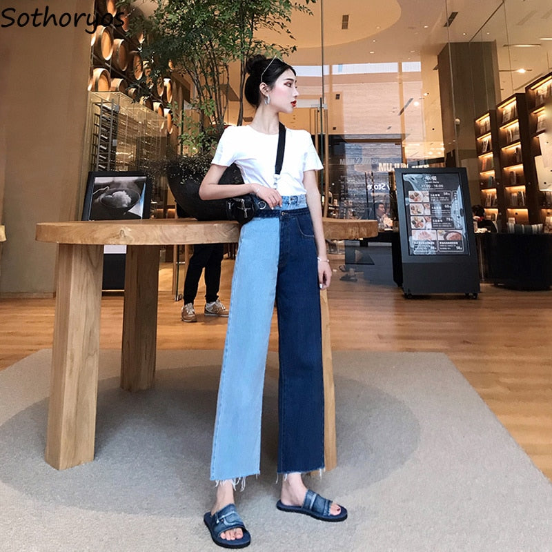 Jeans Women High Waist Pockets Loose Retro Fake Two Pieces Patchwork Denim Trousers Womens Ankle-length Korean Style Chic Girls