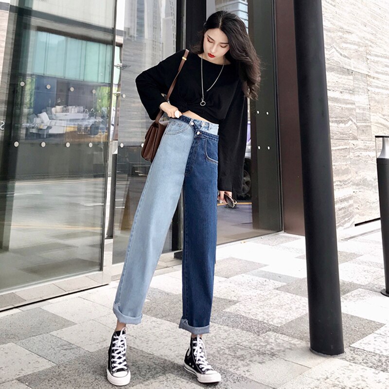 Jeans Women High Waist Pockets Loose Retro Fake Two Pieces Patchwork Denim Trousers Womens Ankle-length Korean Style Chic Girls
