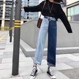 Jeans Women High Waist Pockets Loose Retro Fake Two Pieces Patchwork Denim Trousers Womens Ankle-length Korean Style Chic Girls
