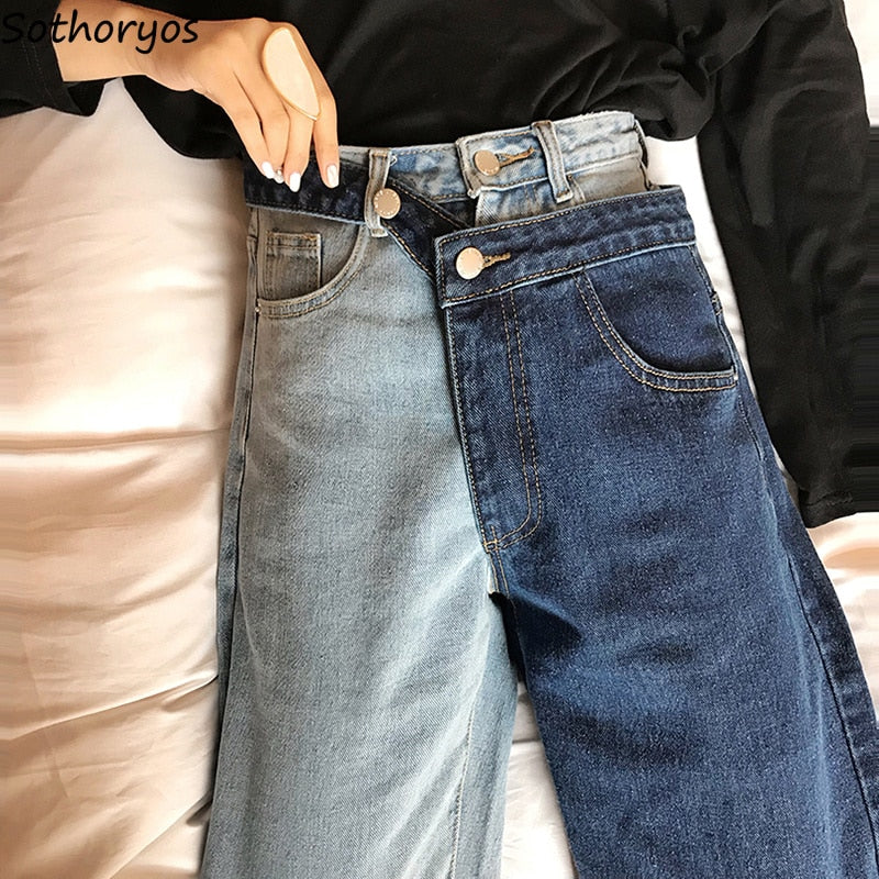 Jeans Women High Waist Pockets Loose Retro Fake Two Pieces Patchwork Denim Trousers Womens Ankle-length Korean Style Chic Girls