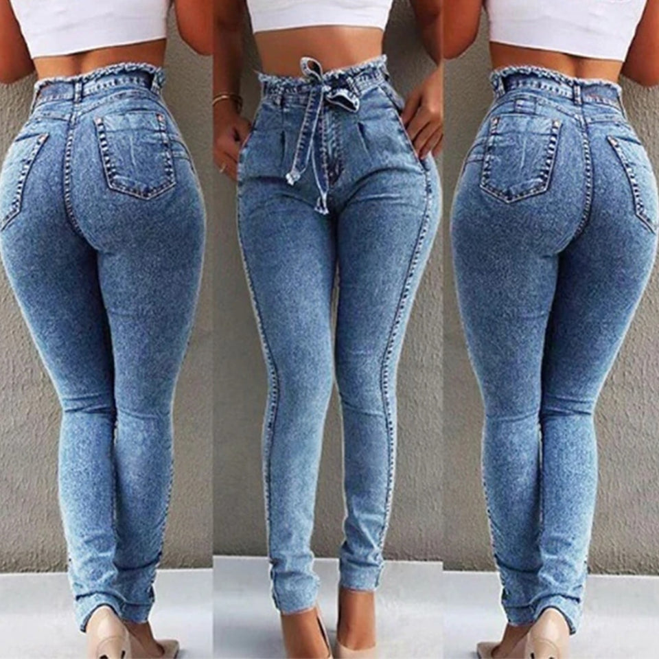 Laamei 2019 Summer High Waist Jeans Women Streetwear Bandage Denim Plus Size Jeans Femme Pencil Pants Skinny Jeans Woman
