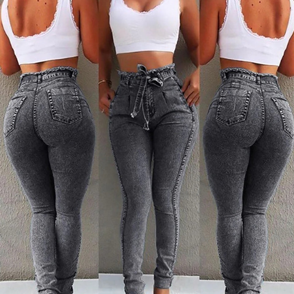Laamei 2019 Summer High Waist Jeans Women Streetwear Bandage Denim Plus Size Jeans Femme Pencil Pants Skinny Jeans Woman
