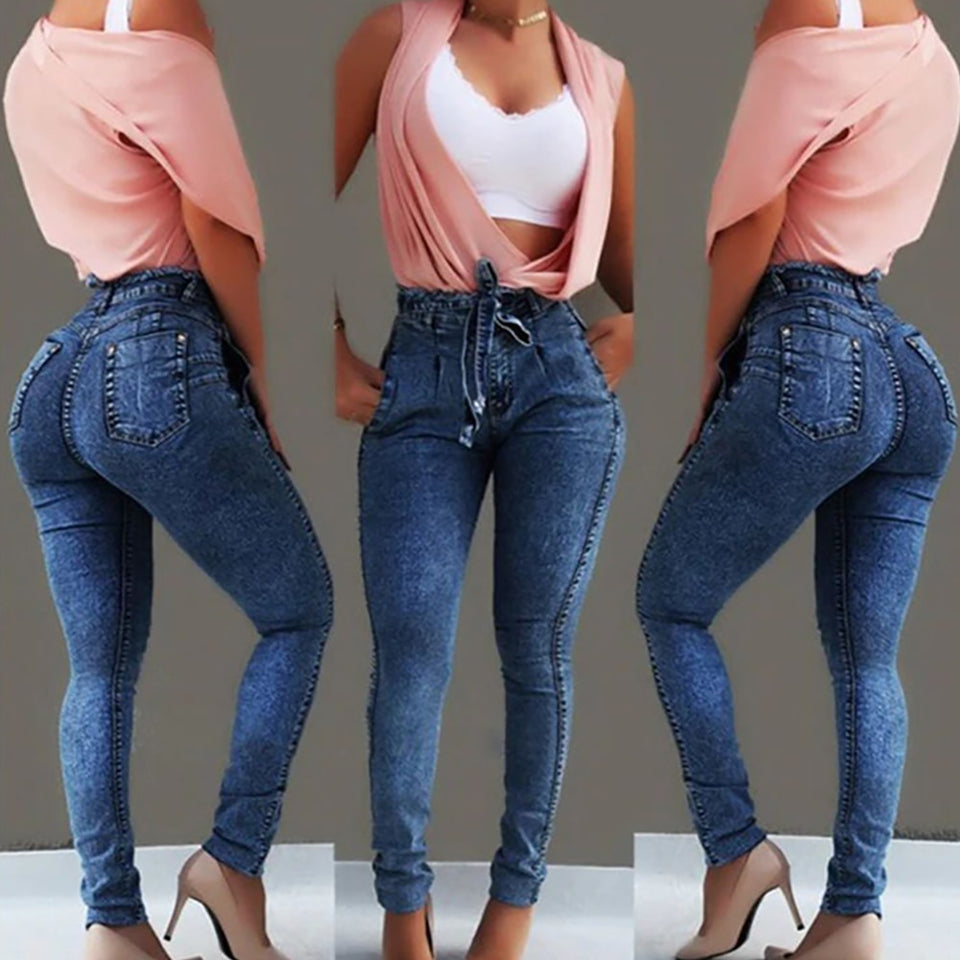 Laamei 2019 Summer High Waist Jeans Women Streetwear Bandage Denim Plus Size Jeans Femme Pencil Pants Skinny Jeans Woman