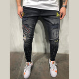 Men Denim Ripped Hole Jeans Slim Patchwork Jeans Hip Hop Skinny Pencil Jeans For Men clothes 2019 Stretch Embroidery Jeans