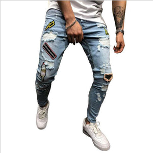 Men Denim Ripped Hole Jeans Slim Patchwork Jeans Hip Hop Skinny Pencil Jeans For Men clothes 2019 Stretch Embroidery Jeans