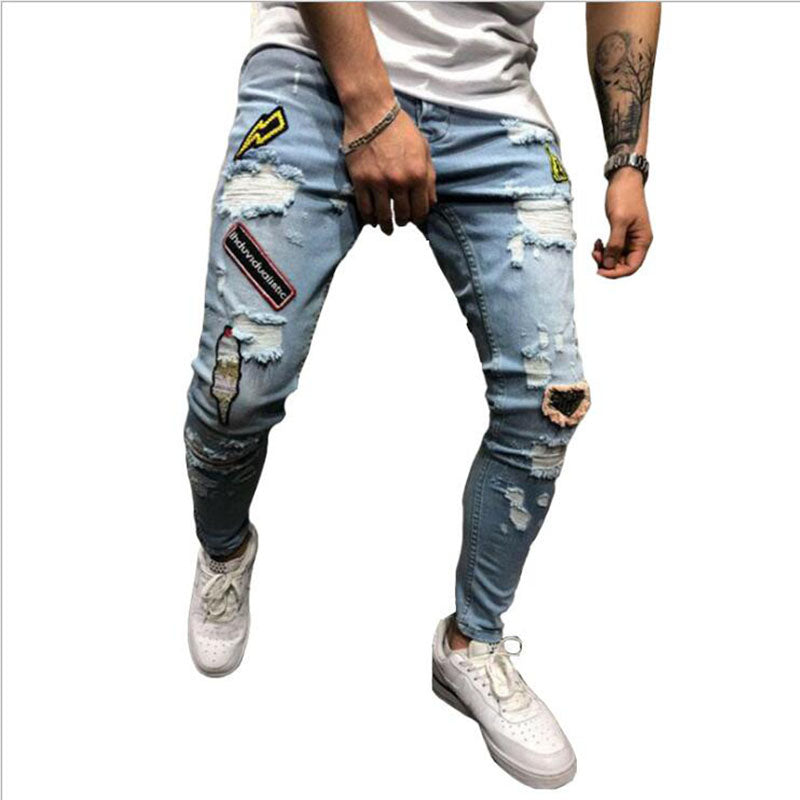 Men Denim Ripped Hole Jeans Slim Patchwork Jeans Hip Hop Skinny Pencil Jeans For Men clothes 2019 Stretch Embroidery Jeans