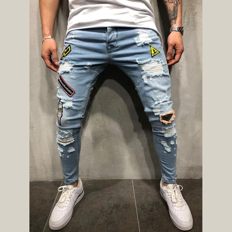 Men Denim Ripped Hole Jeans Slim Patchwork Jeans Hip Hop Skinny Pencil Jeans For Men clothes 2019 Stretch Embroidery Jeans