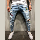 Men Denim Ripped Hole Jeans Slim Patchwork Jeans Hip Hop Skinny Pencil Jeans For Men clothes 2019 Stretch Embroidery Jeans