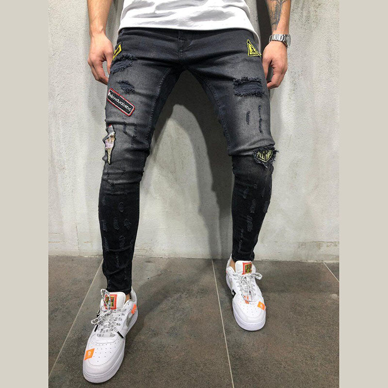 Men Denim Ripped Hole Jeans Slim Patchwork Jeans Hip Hop Skinny Pencil Jeans For Men clothes 2019 Stretch Embroidery Jeans