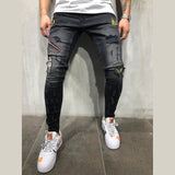 Men Denim Ripped Hole Jeans Slim Patchwork Jeans Hip Hop Skinny Pencil Jeans For Men clothes 2019 Stretch Embroidery Jeans