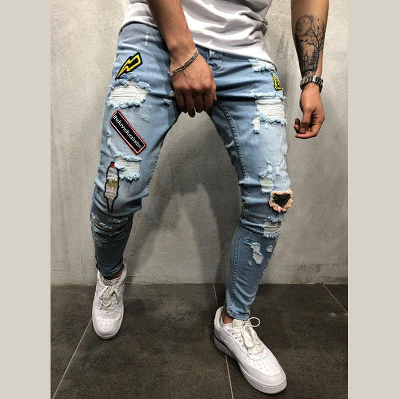 Men Denim Ripped Hole Jeans Slim Patchwork Jeans Hip Hop Skinny Pencil Jeans For Men clothes 2019 Stretch Embroidery Jeans
