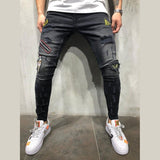 Men Denim Ripped Hole Jeans Slim Patchwork Jeans Hip Hop Skinny Pencil Jeans For Men clothes 2019 Stretch Embroidery Jeans
