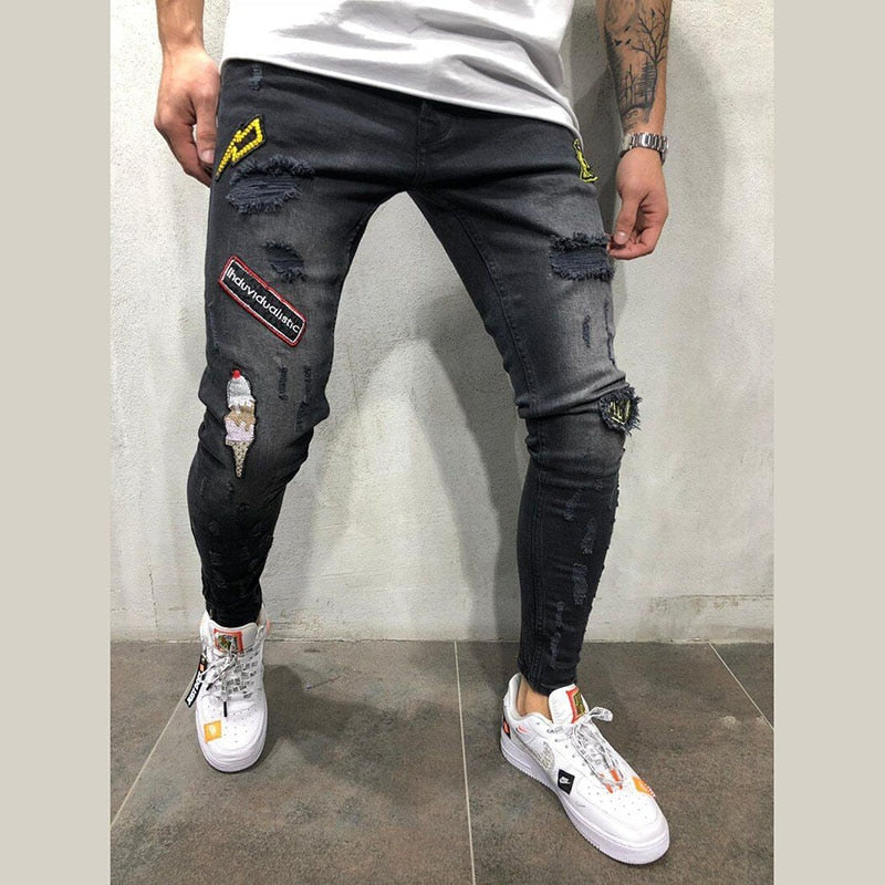Men Denim Ripped Hole Jeans Slim Patchwork Jeans Hip Hop Skinny Pencil Jeans For Men clothes 2019 Stretch Embroidery Jeans