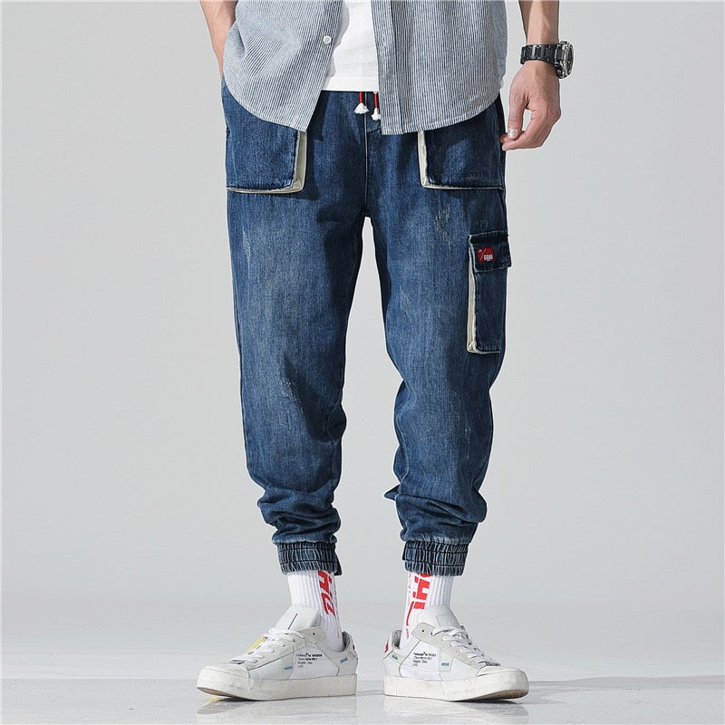 Multi-pocket Men's jeans spring and summer style of overalls Nine-cent casual pants Hip hop loose Nine pants