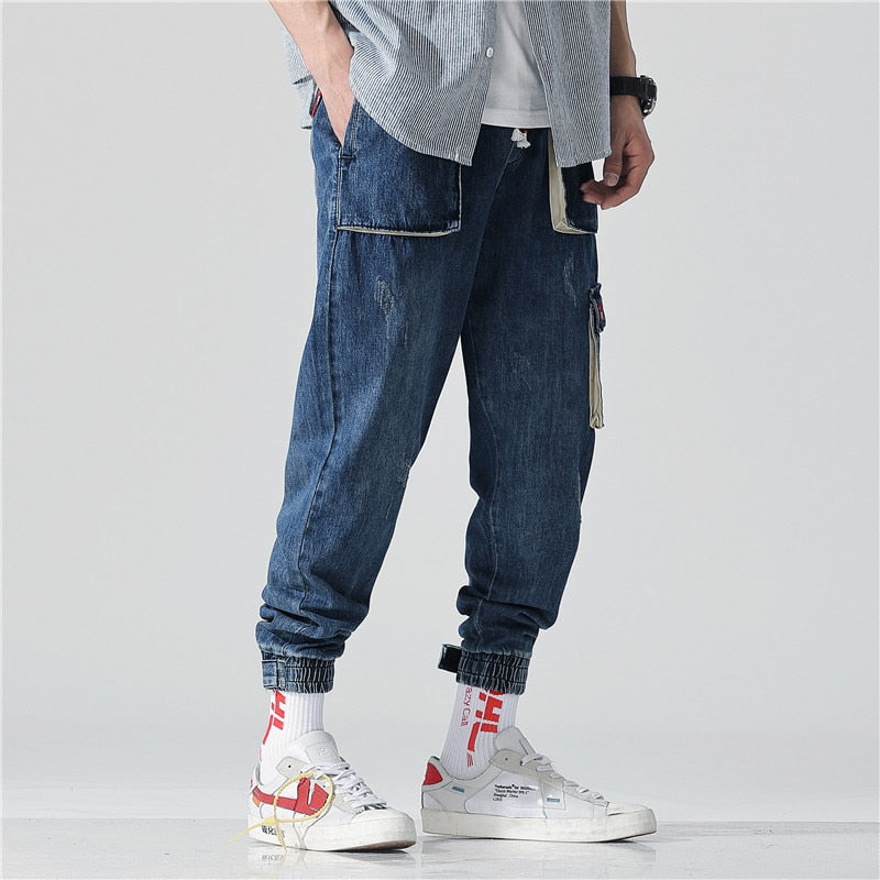 Multi-pocket Men's jeans spring and summer style of overalls Nine-cent casual pants Hip hop loose Nine pants