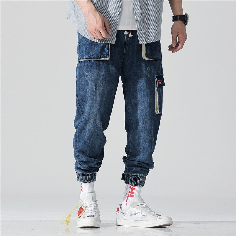 Multi-pocket Men's jeans spring and summer style of overalls Nine-cent casual pants Hip hop loose Nine pants