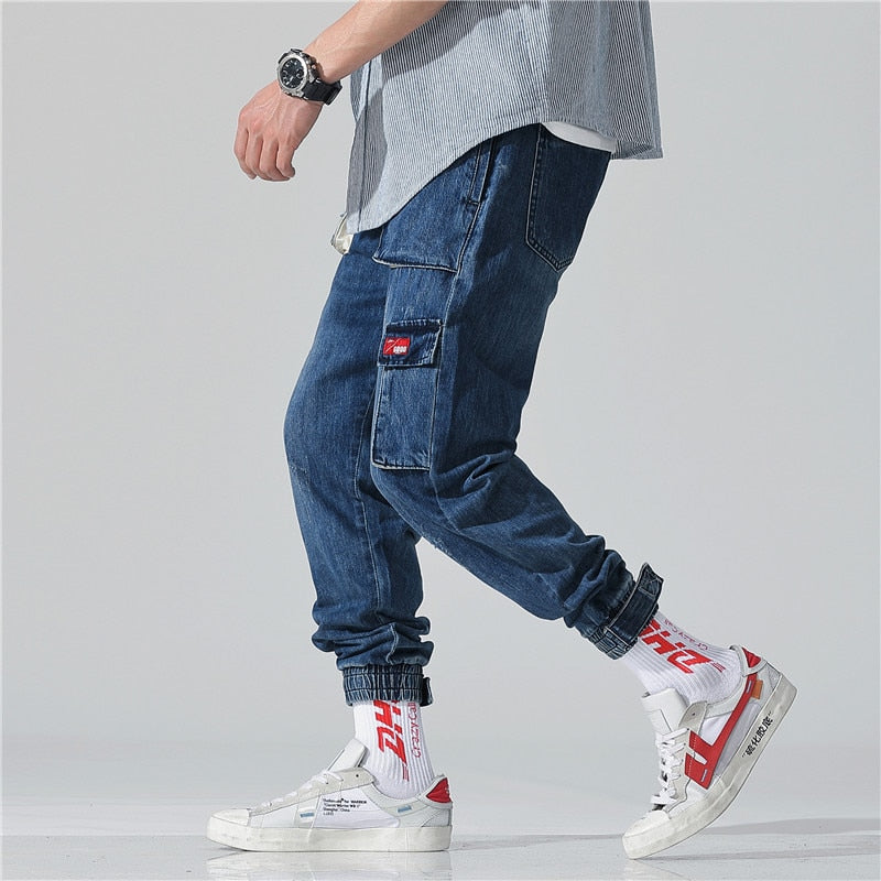 Multi-pocket Men's jeans spring and summer style of overalls Nine-cent casual pants Hip hop loose Nine pants