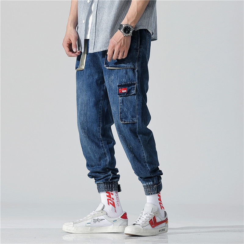 Multi-pocket Men's jeans spring and summer style of overalls Nine-cent casual pants Hip hop loose Nine pants