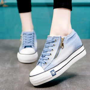 Summer Fashion Canvas Shoes Women Sneakers Thick Bottom Denim Casual Shoes Female Trainers Lace Up Ladies Basket Femme