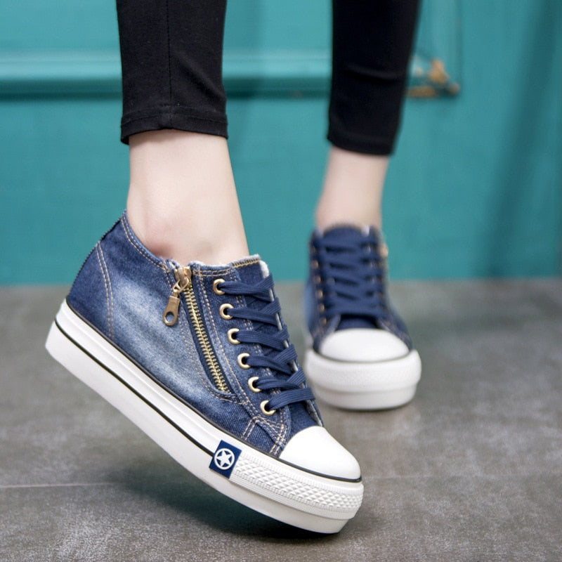 Summer Fashion Canvas Shoes Women Sneakers Thick Bottom Denim Casual Shoes Female Trainers Lace Up Ladies Basket Femme