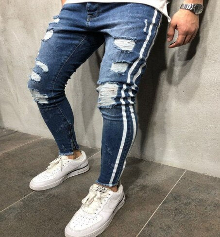 Trendy Men Skinny Jeans Biker Destroyed Frayed Fit Denim Ripped Denim Pants Side Stripe Pencil Pants Hip Hop Streetwear