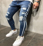 Trendy Men Skinny Jeans Biker Destroyed Frayed Fit Denim Ripped Denim Pants Side Stripe Pencil Pants Hip Hop Streetwear
