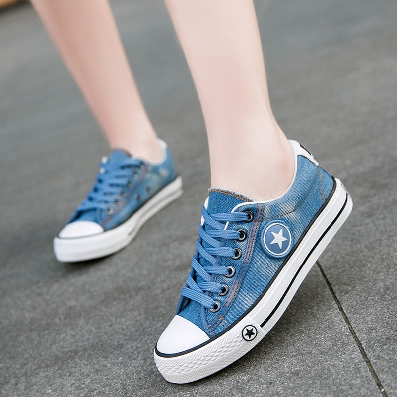 Vulcanized Shoes Women Canvas Sneakers Flat Denim Casual Shoes Women Trainers Stars Ladies Sneakers Rubber Sole Tenis Feminino