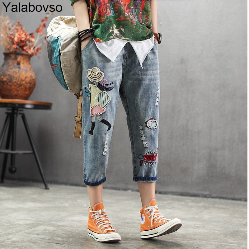 Woman Calf-length pants Casual Jeans Denim Embroidery Trousers for woman Harem pants Female with cartoon Embroidery A0BZ30