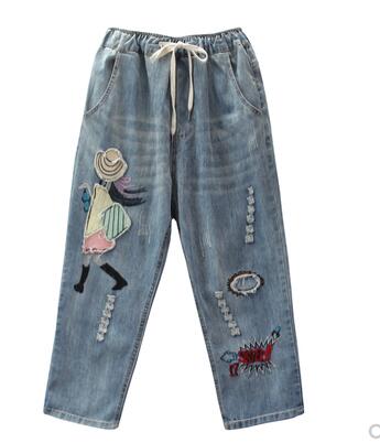 Woman Calf-length pants Casual Jeans Denim Embroidery Trousers for woman Harem pants Female with cartoon Embroidery A0BZ30
