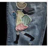 Woman Calf-length pants Casual Jeans Denim Embroidery Trousers for woman Harem pants Female with cartoon Embroidery A0BZ30