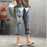 Woman Calf-length pants Casual Jeans Denim Embroidery Trousers for woman Harem pants Female with cartoon Embroidery A0BZ30