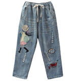 Woman Calf-length pants Casual Jeans Denim Embroidery Trousers for woman Harem pants Female with cartoon Embroidery A0BZ30