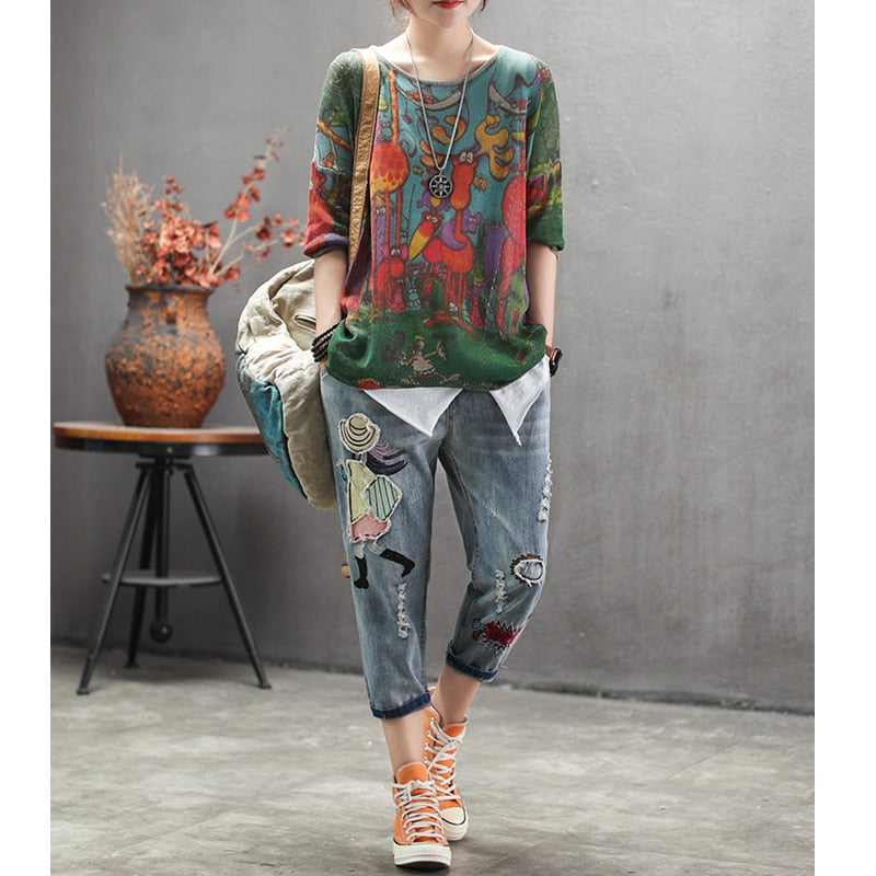 Woman Calf-length pants Casual Jeans Denim Embroidery Trousers for woman Harem pants Female with cartoon Embroidery A0BZ30